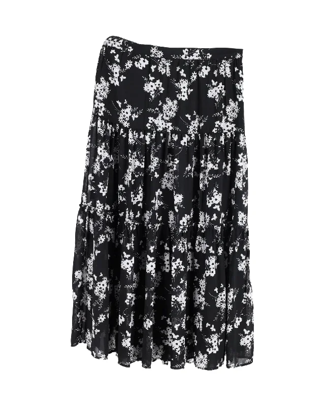 cotton-linen skirts soft -cotton-linen skirts soft -Michael Michael Kors Floral Print Skirt in Black Silk