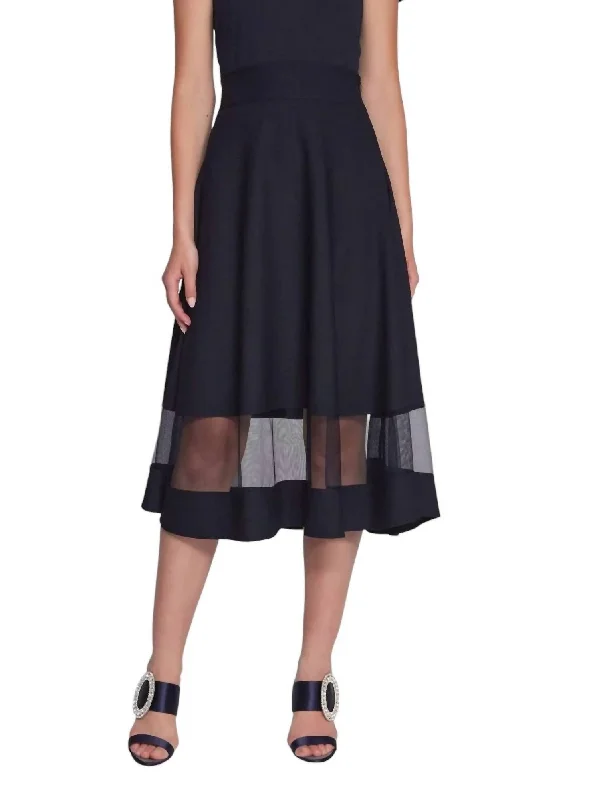 skirts women soft sage -skirts women soft sage -Scuba Crepe And Mesh Flared Skirt In Midnight Blue