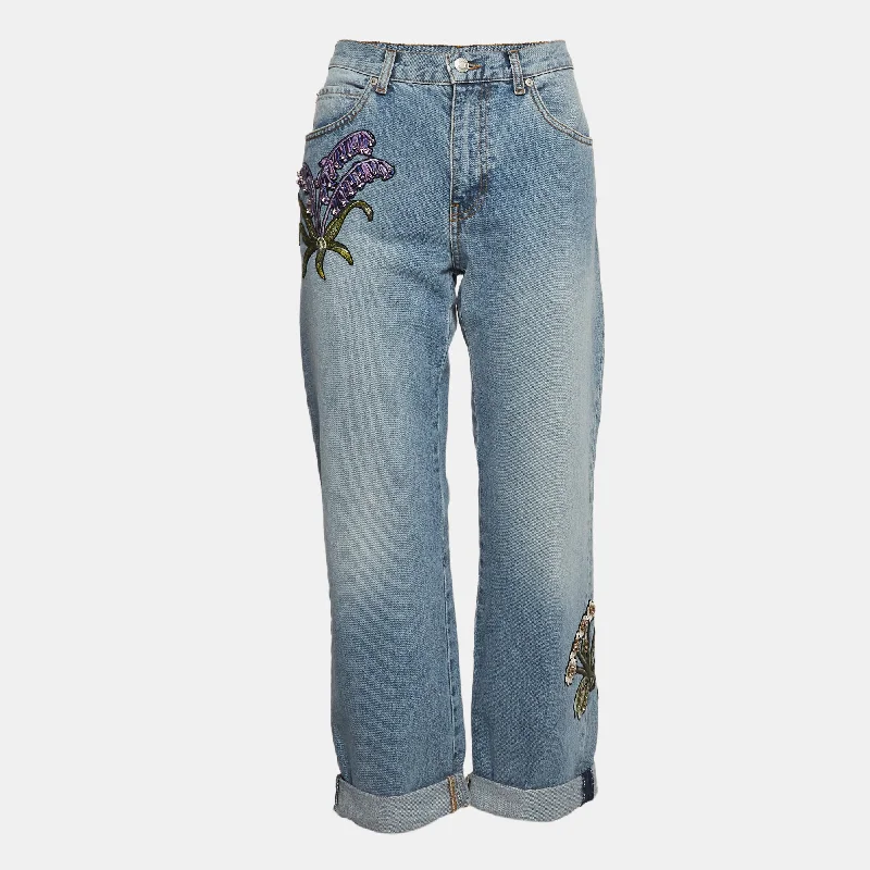 pants men trail splice -pants men trail splice -Alexander Mcqueen Blue Embroidered Floral Denim Boyfriend Jean