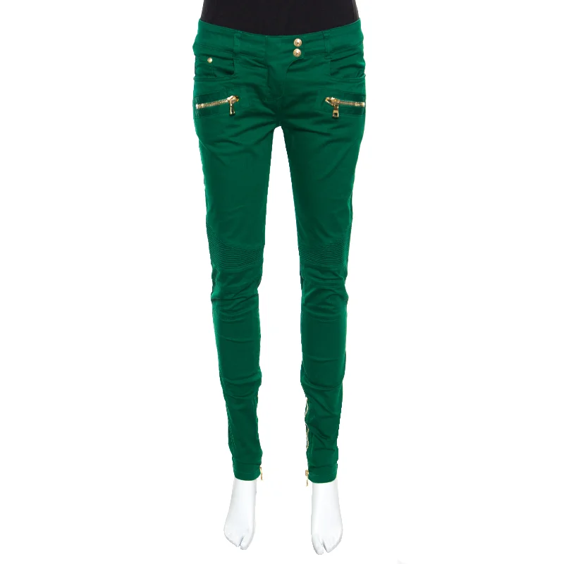 basalt pants dark sheen -basalt pants dark sheen -Balmain Green Denim Ribbed Panel Zip Detail