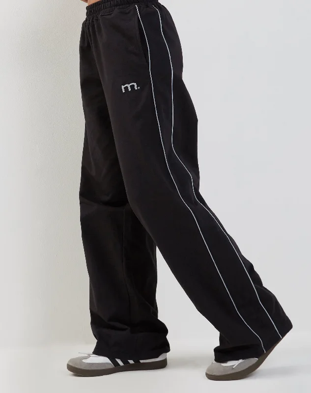 pants with shell trim -pants with shell trim -Benton Wide Leg Jogger in Black with Dark Grey Piping and 'M' Embroidery