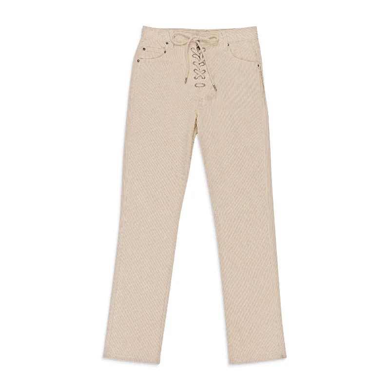 long pants beach layer -long pants beach layer -CALLIPYGIAN STRETCH CURDUROY OFF-WHITE LACE-UP JEANS