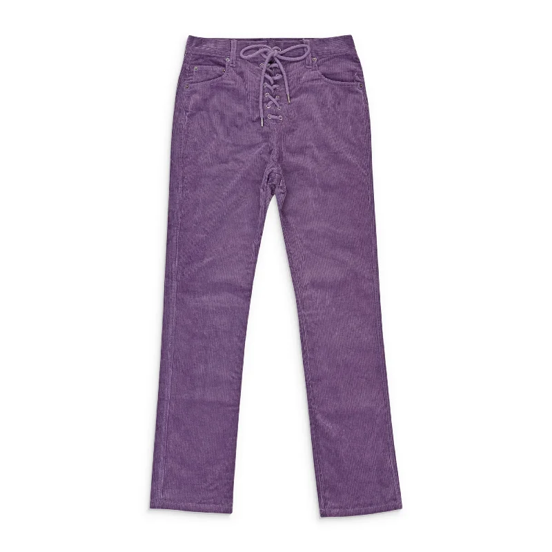 saffron pants vibrant hue -saffron pants vibrant hue -CALLIPYGIAN STRETCH CURDUROY PURPLE LACE-UP JEANS