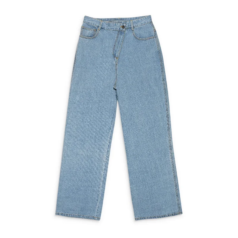 pants with vented hems -pants with vented hems -CALLIPYGIAN WASHED WIDE LEG SLANTED FLY BLUE WIDE-LEG JEANS