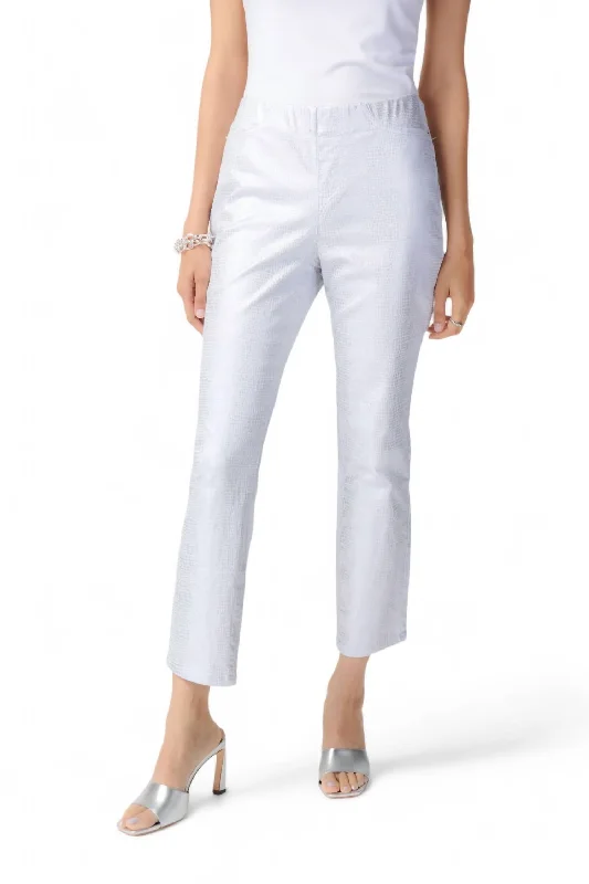 pants with lattice hems -pants with lattice hems -Croc Skin Textured Pants In White/silver