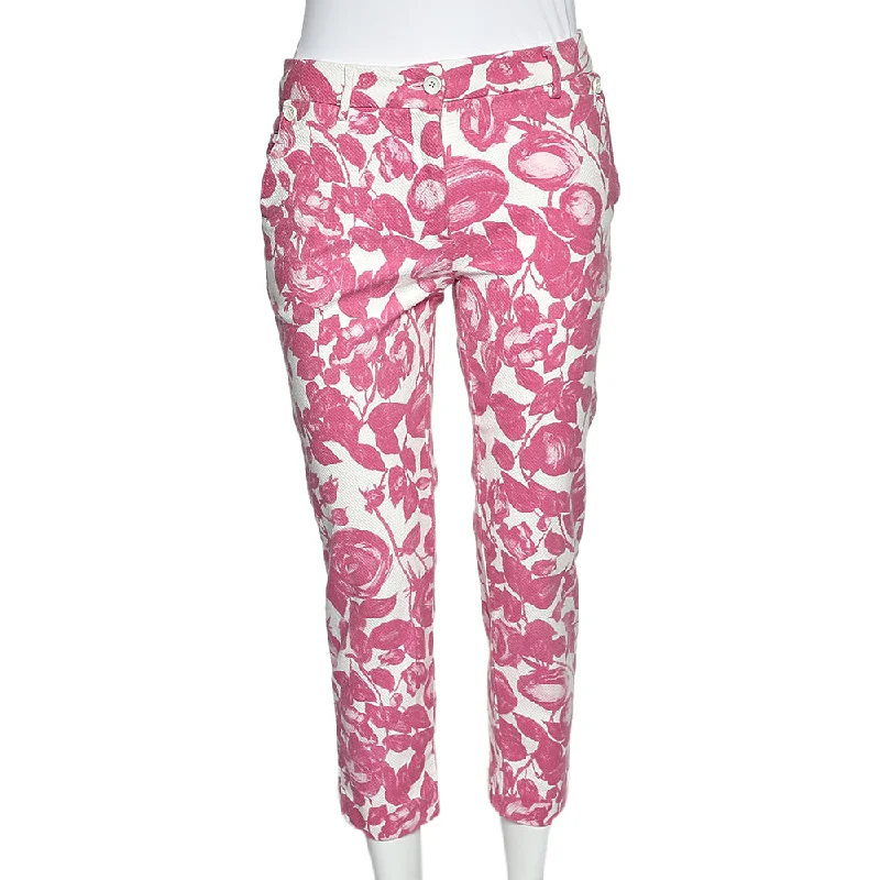 pants with bronze studs -pants with bronze studs -Dolce & Gabbana Pink Floral Printed Textured Cotton Tapered Leg Pants