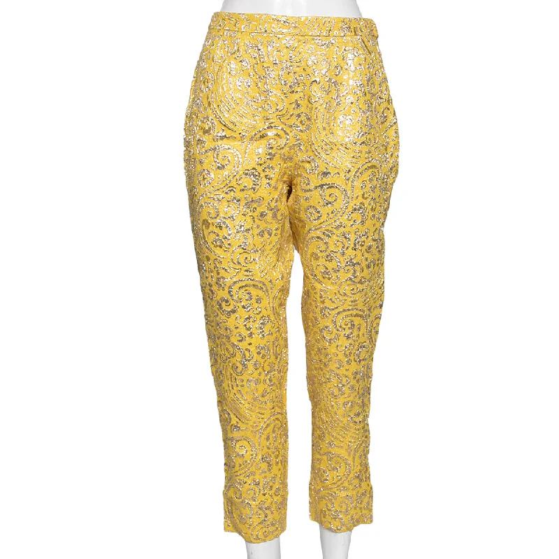 boucle-cotton pants cozy -boucle-cotton pants cozy -Dolce & Gabbana Yellow Lurex Floral Jacquard Cropped Pant