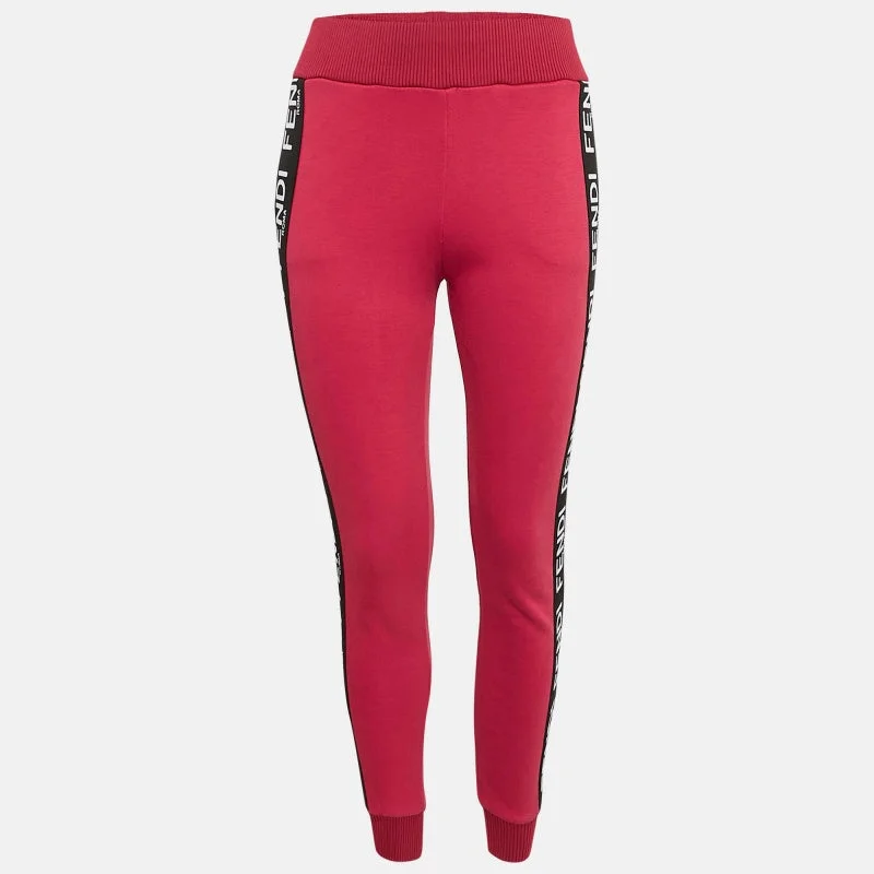 pants with bead patches -pants with bead patches -Fendi Pink Cotton Knit Logo Band Detail Track Pant