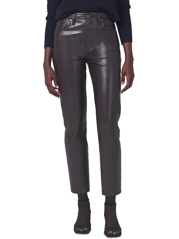 pants with twisted hems -pants with twisted hems -Jolene Womens Recycled Leather High Waist Straight Leg Jeans