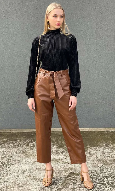 pants with lattice hems -pants with lattice hems -Marella Treviso Faux Leather Pant - Tobacco