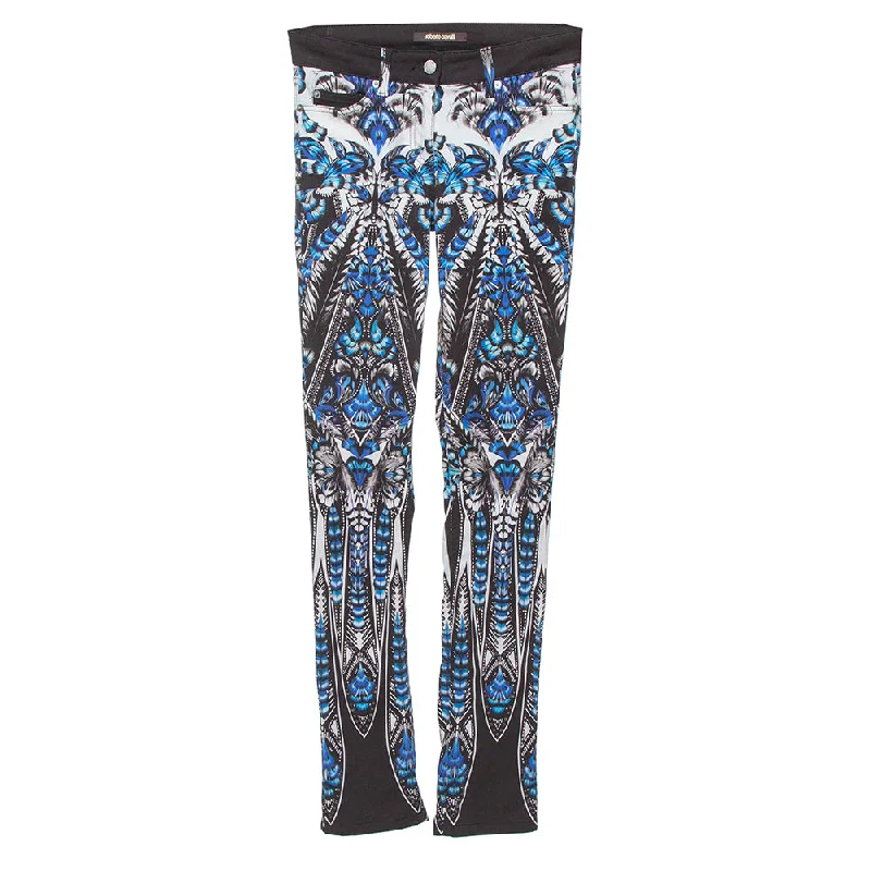 pants men trail check -pants men trail check -Roberto Cavalli Blue Cotton Printed Flared Bottom Jean