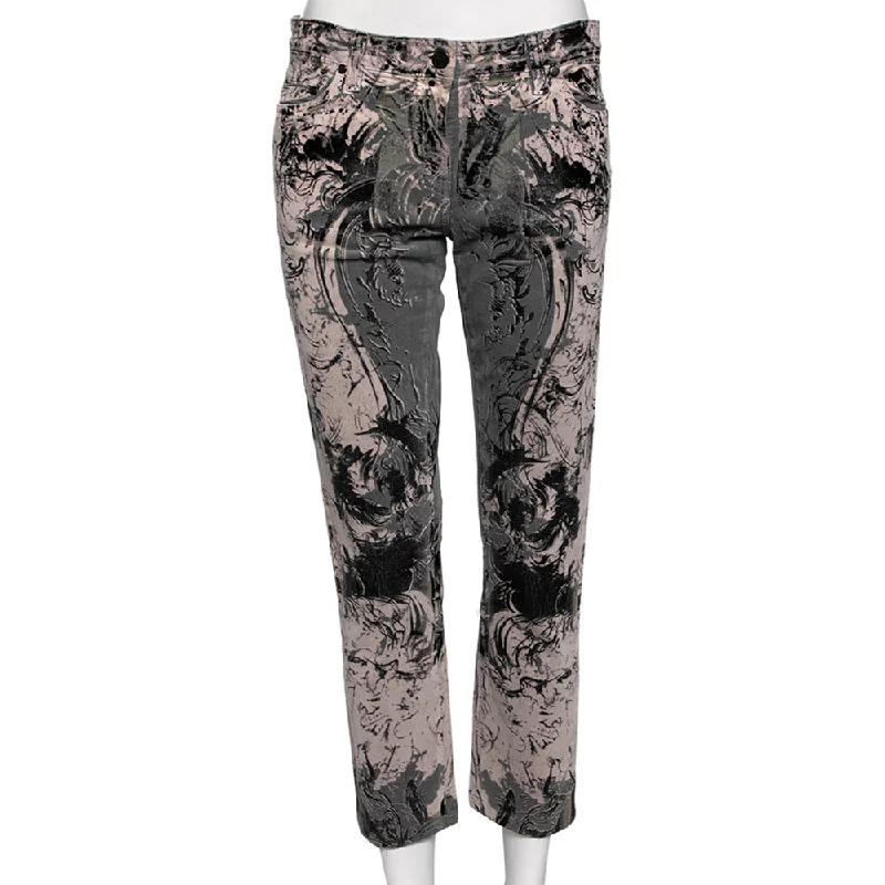 pants with twisted hems -pants with twisted hems -Roberto Cavalli Grey Printed Cotton Straight Pants