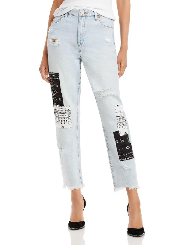 pants with lattice sides -pants with lattice sides -Womens Denim Patchwork Cropped Jeans